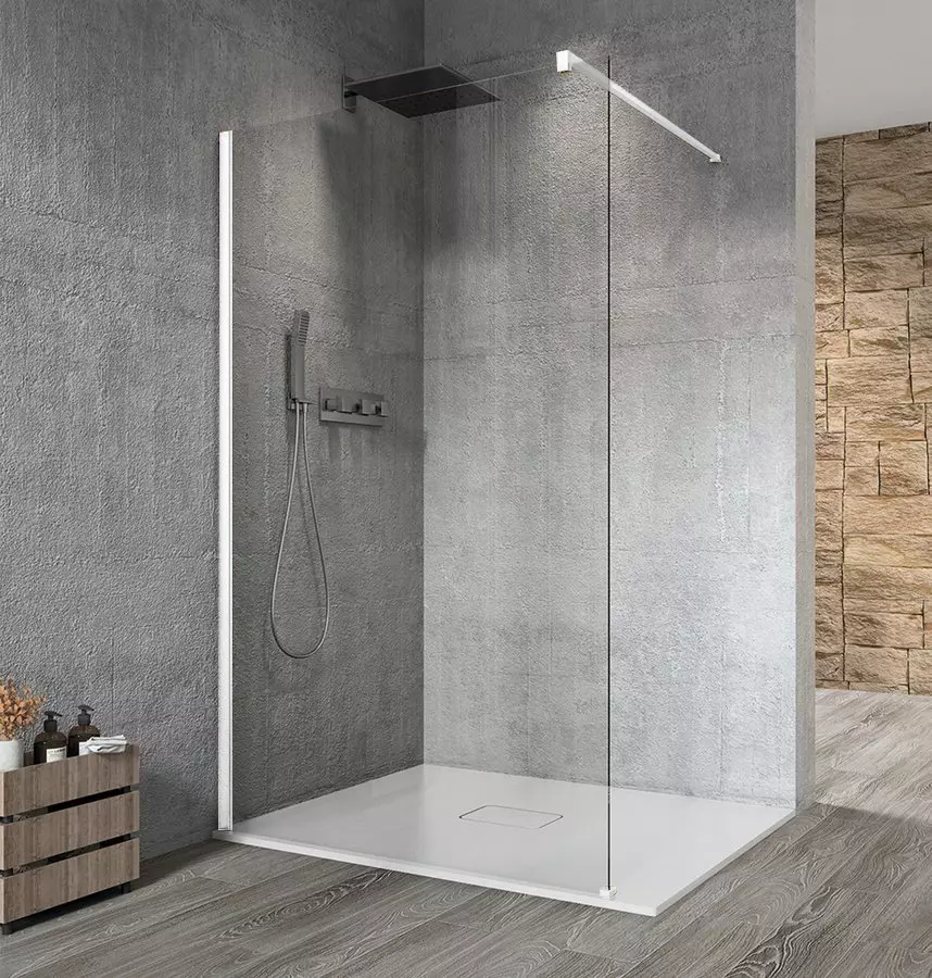 Sapho VARIO WHITE Fix zuhanyfal, fali profillal, merőleges merevítővel, transzparent üveg, 1400mm