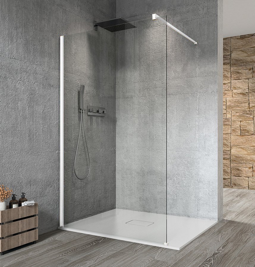 VARIO WHITE Fix zuhanyfal, fali profillal, merőleges merevítő nélkül, transzparent üveg, 1100mm